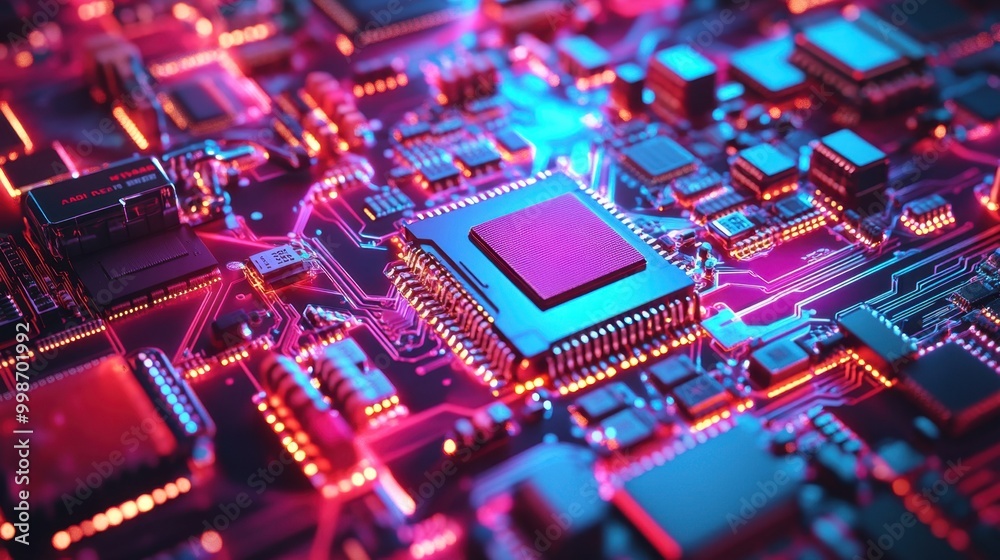 Poster close-up of a colorful circuit board with cpu chips and intricate wiring, representing data flow and