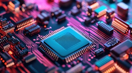Obraz premium Close-up of a colorful circuit board with CPU chips and intricate wiring, representing data flow and technology hardware
