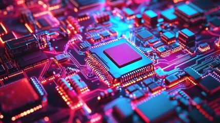 Obraz premium Close-up of a colorful circuit board with CPU chips and intricate wiring, representing data flow and technology hardware
