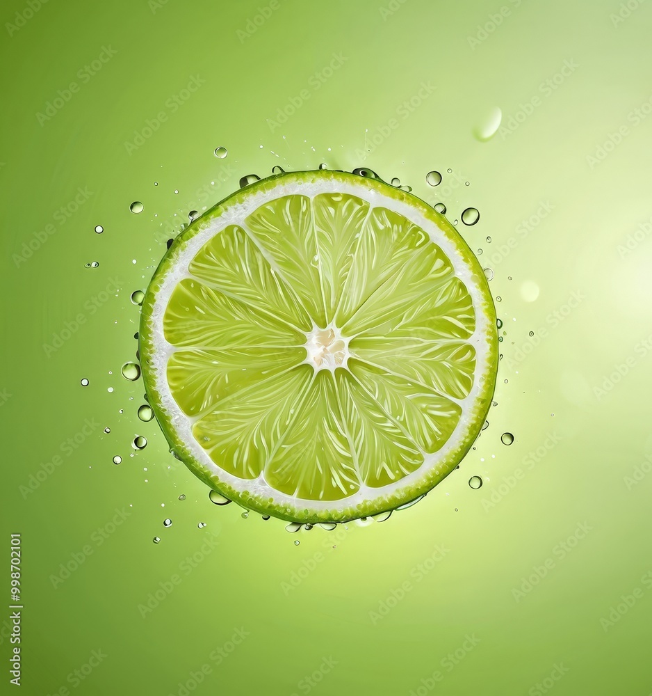 Poster a slice of lime with water droplets and a blurred green background