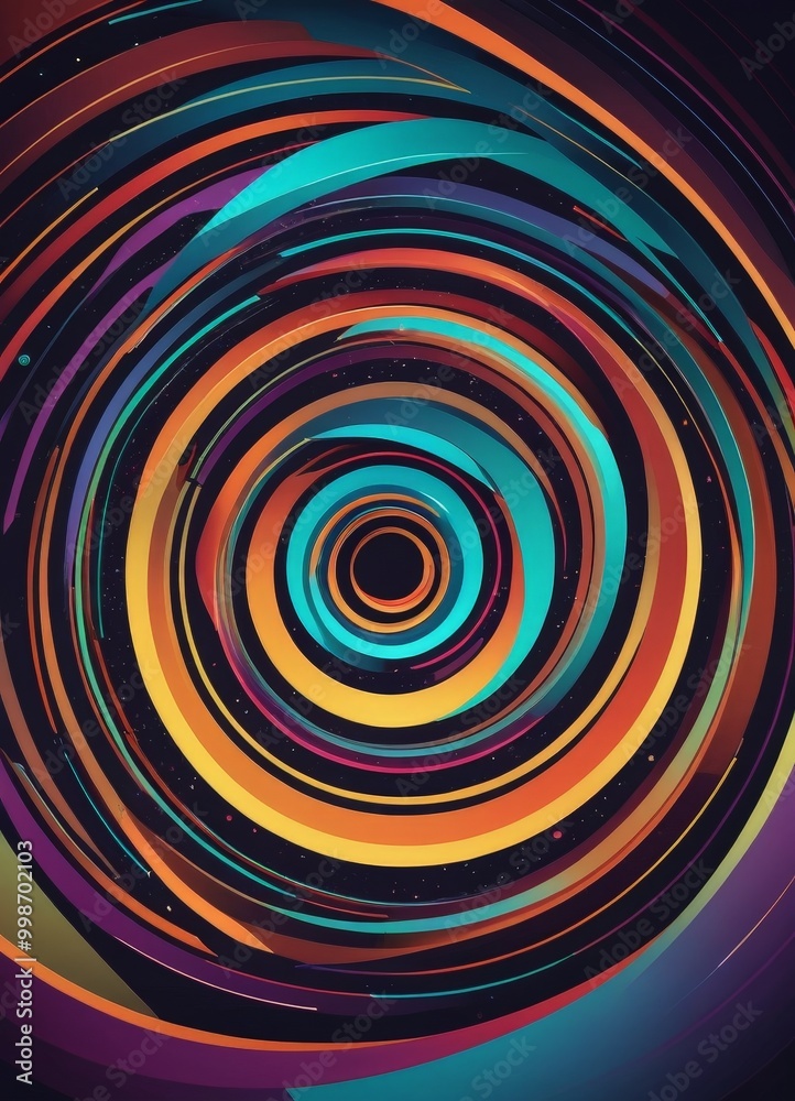 Poster a vibrant, abstract digital artwork with concentric circles of varying colors, creating a mesmerizing spiral pattern