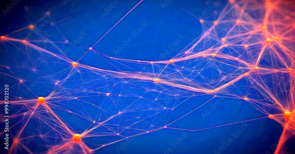 Poster a complex network of interconnected lines and points, resembling a web or a network of interconnected nodes, against a dark blue background