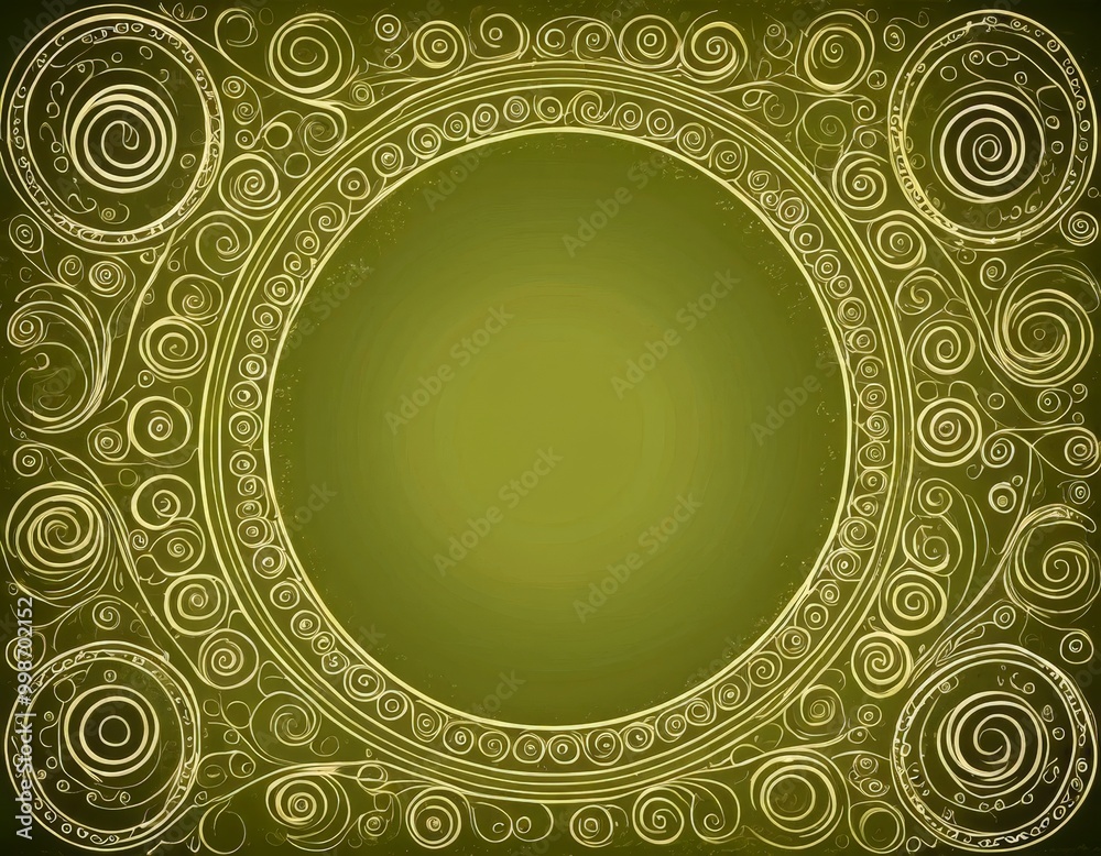 Poster a circular design with a central empty space surrounded by intricate golden swirls and patterns The background is a dark green color, providing a contrast to the golden elements