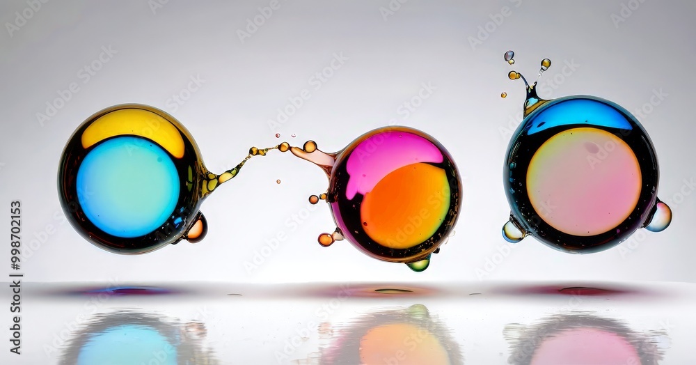 Poster Three spherical objects, each with a distinct color gradient, float in a still body of water, creating a visually striking and dynamic scene