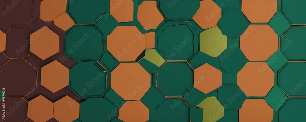 Poster a repeating pattern of hexagonal shapes in various shades of green and orange, creating a visually striking and abstract composition