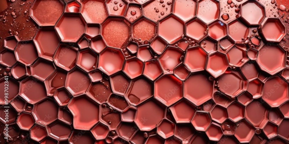 Poster a close-up view honeycomb-like pattern of red and orange liquid droplets, with some water droplets v