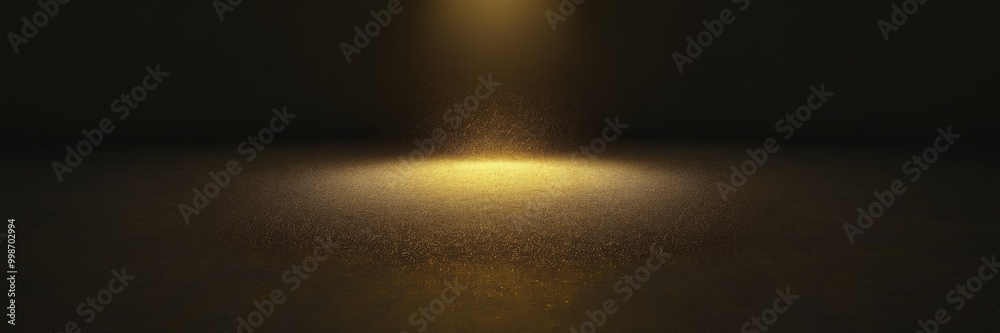 Poster A spotlight shines down on a reflective surface, casting a warm glow and creating a sense of depth and dimension in the dark background