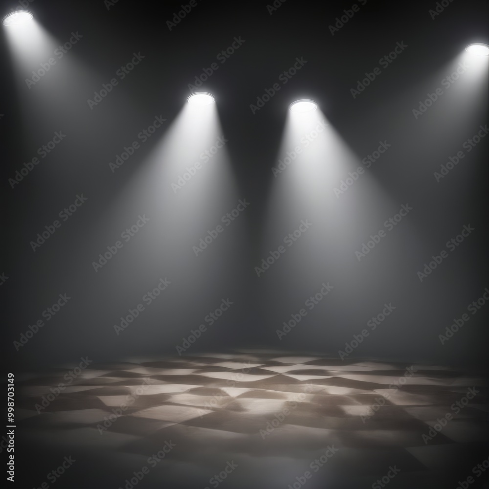 Poster A dimly lit stage with a checkered floor and three spotlights shining down on it, creating a dramatic and atmospheric setting