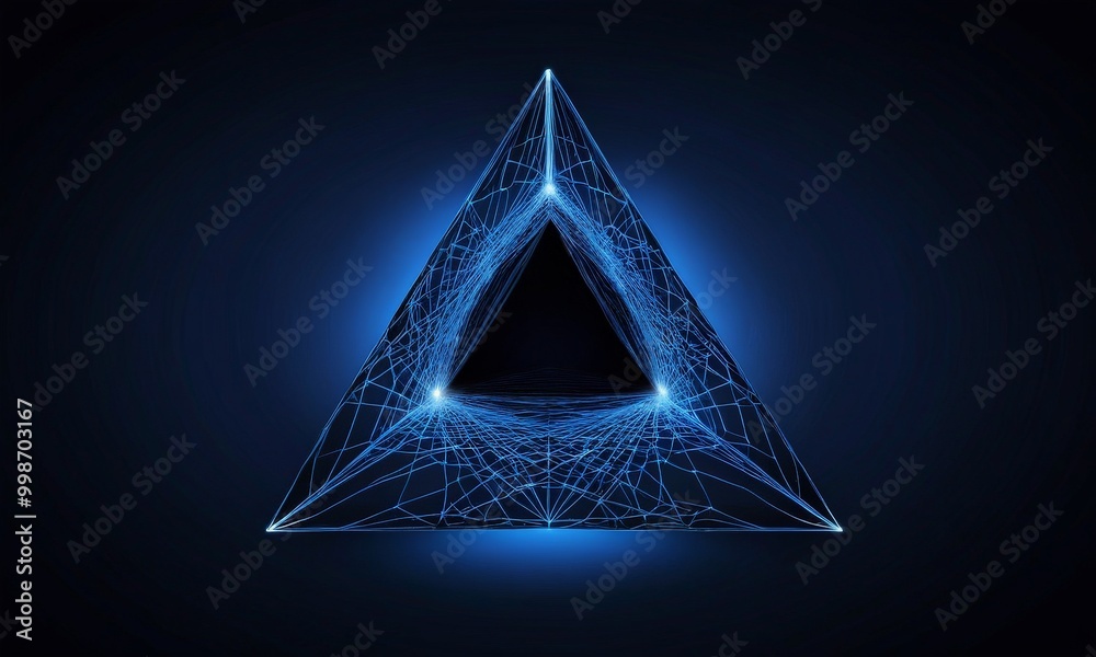 Poster A digital illustration triangular prism with a network of lines and glowing blue lights emanating from the center, set against a dark blue background