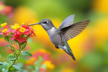 Hummingbird feeding from colorful flowers