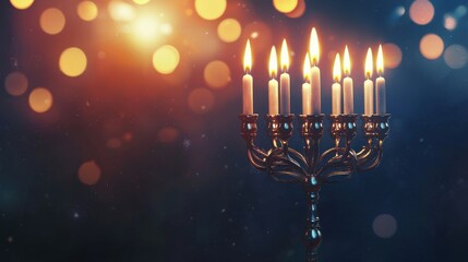 Fototapeta premium Menorah and Candlelight on Dark Background