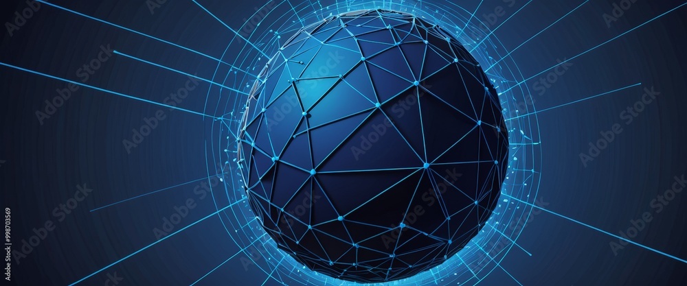 Poster A sphere with a network of lines and dots surrounding it, set against a dark blue background with a gradient effect