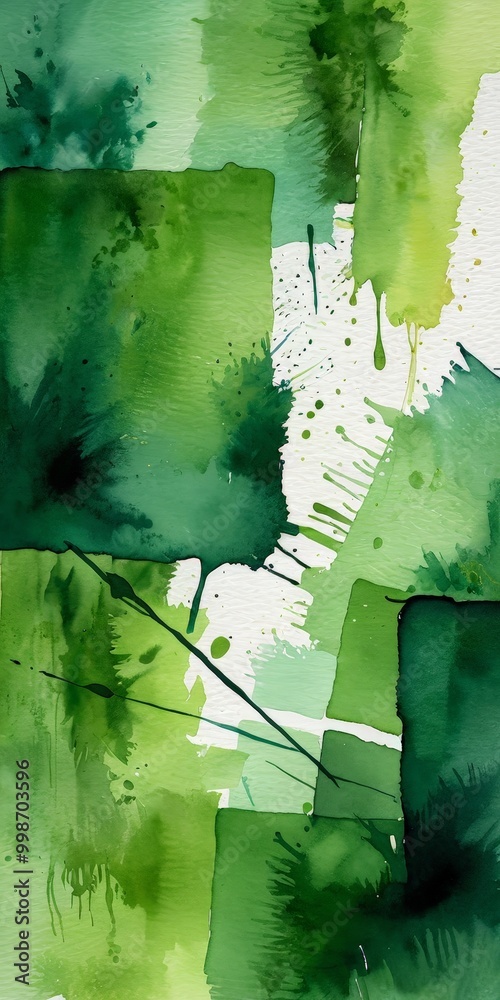Aufkleber an abstract painting featuring a vibrant mix of green and white colors, with splashes of color and brushstrokes creating a dynamic and expressive composition