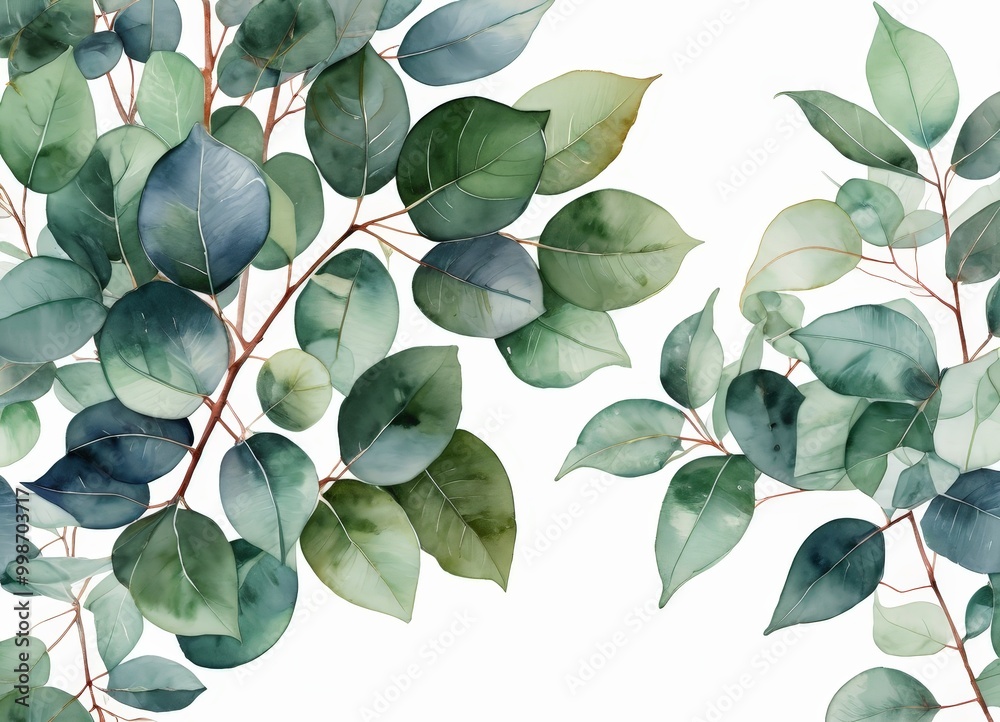 Poster a close-up view branch with green leaves, in a watercolor style The leaves are arranged in a pattern that creates a sense of depth and texture, with some leaves