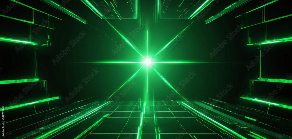 Poster a futuristic, neon-lit environment with a grid-like pattern of glowing green lines and a bright, rad