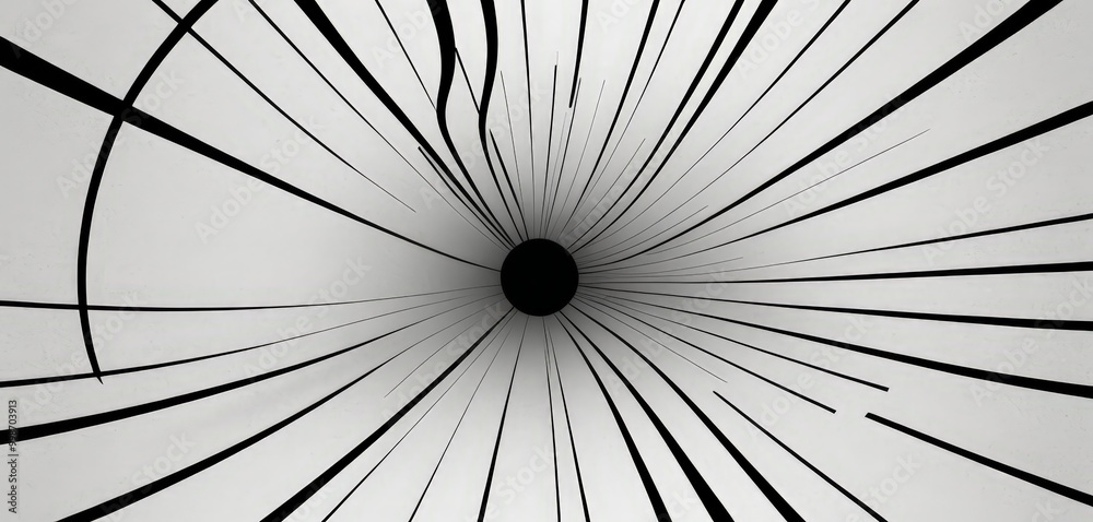 Leinwandbilder a black and white abstract composition featuring a central black circle surrounded by radiating lines, creating a sense of depth and movement