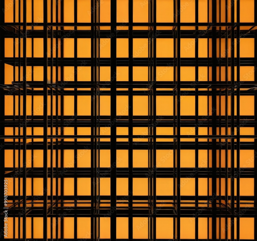 Poster a grid-like pattern of orange squares, with black lines connecting them, creating a visually striking and abstract design