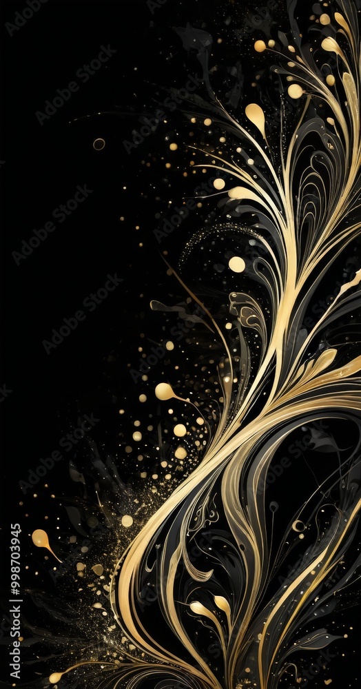 Poster a striking abstract design with a black background and gold accents the design is composed of curved