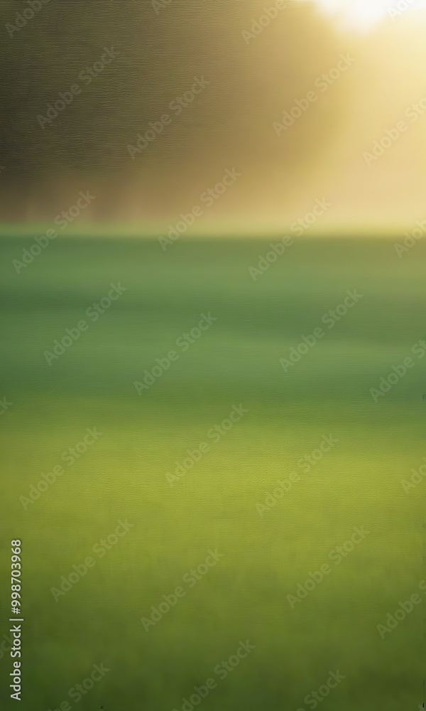 Poster a serene landscape with a field of green grass and a warm, hazy background, captured in a soft, blur