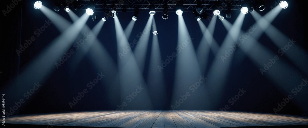 Leinwandbilder a dimly lit stage with a wooden floor and a dark background, illuminated by a series of spotlights a
