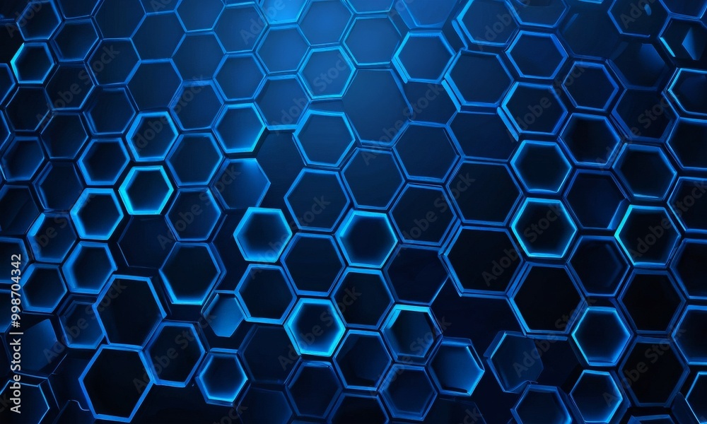 Poster a repeating pattern of hexagonal shapes in shades of blue, creating a visually striking and abstract design.