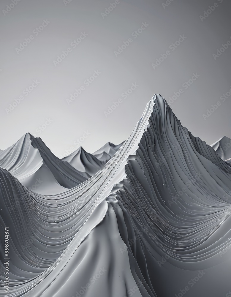 Poster a surreal, abstract landscape with a series of undulating, wave-like mountains in a monochromatic color scheme