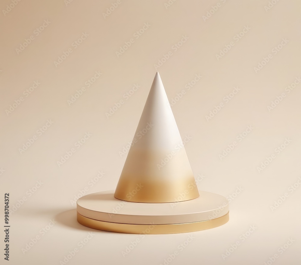 Poster A white cone with a gold base is centered on a round platform against a light beige background