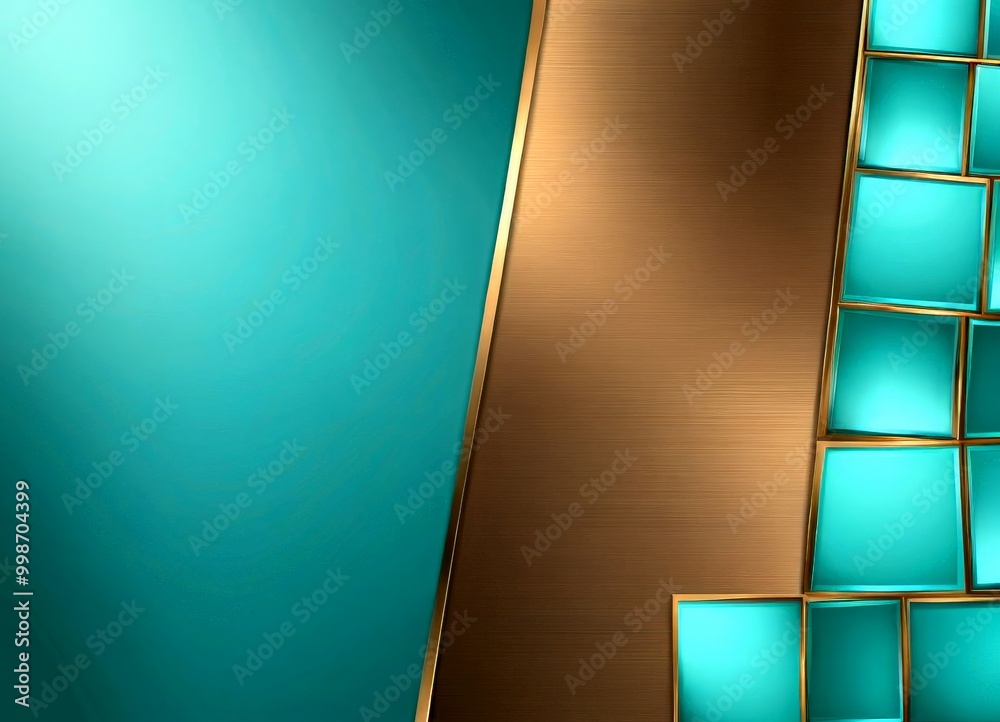 Poster a vibrant abstract composition with a gradient of turquoise and brown colors, complemented by a metallic texture and a repeating pattern of square tiles