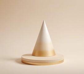 Fototapeta premium A white cone with a gold base is centered on a round platform against a light beige background