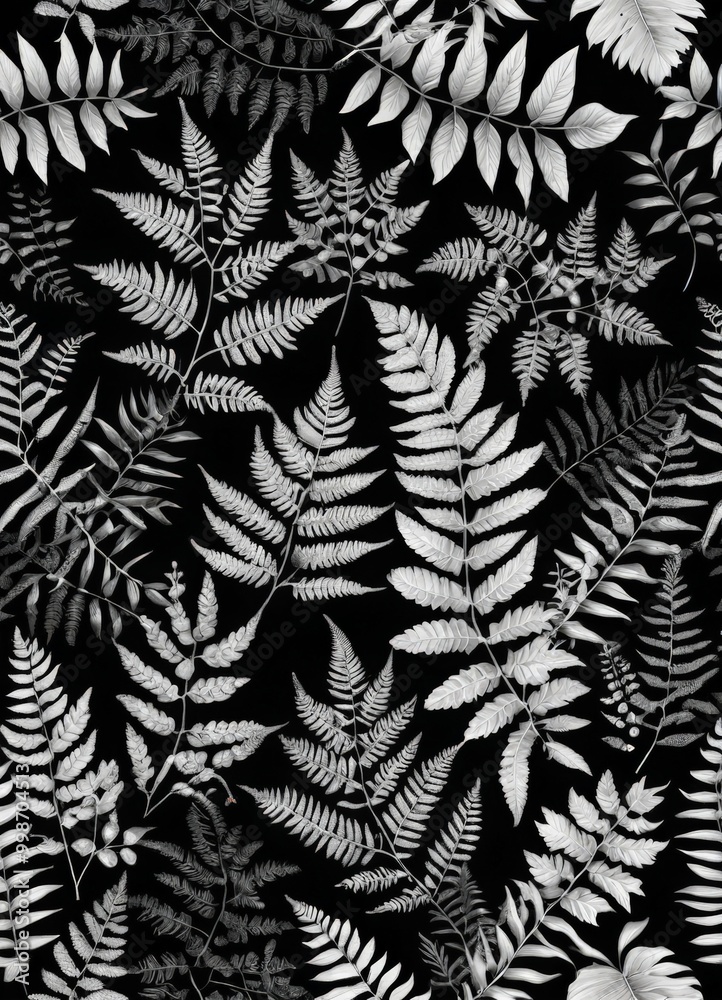 Poster a monochromatic featuring a dense pattern of ferns and leaves against a black background