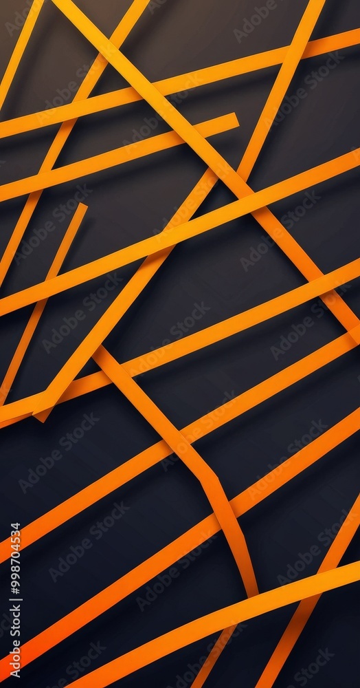 Poster a dark background with a complex arrangement of intersecting orange and black lines, creating a visually striking and abstract composition