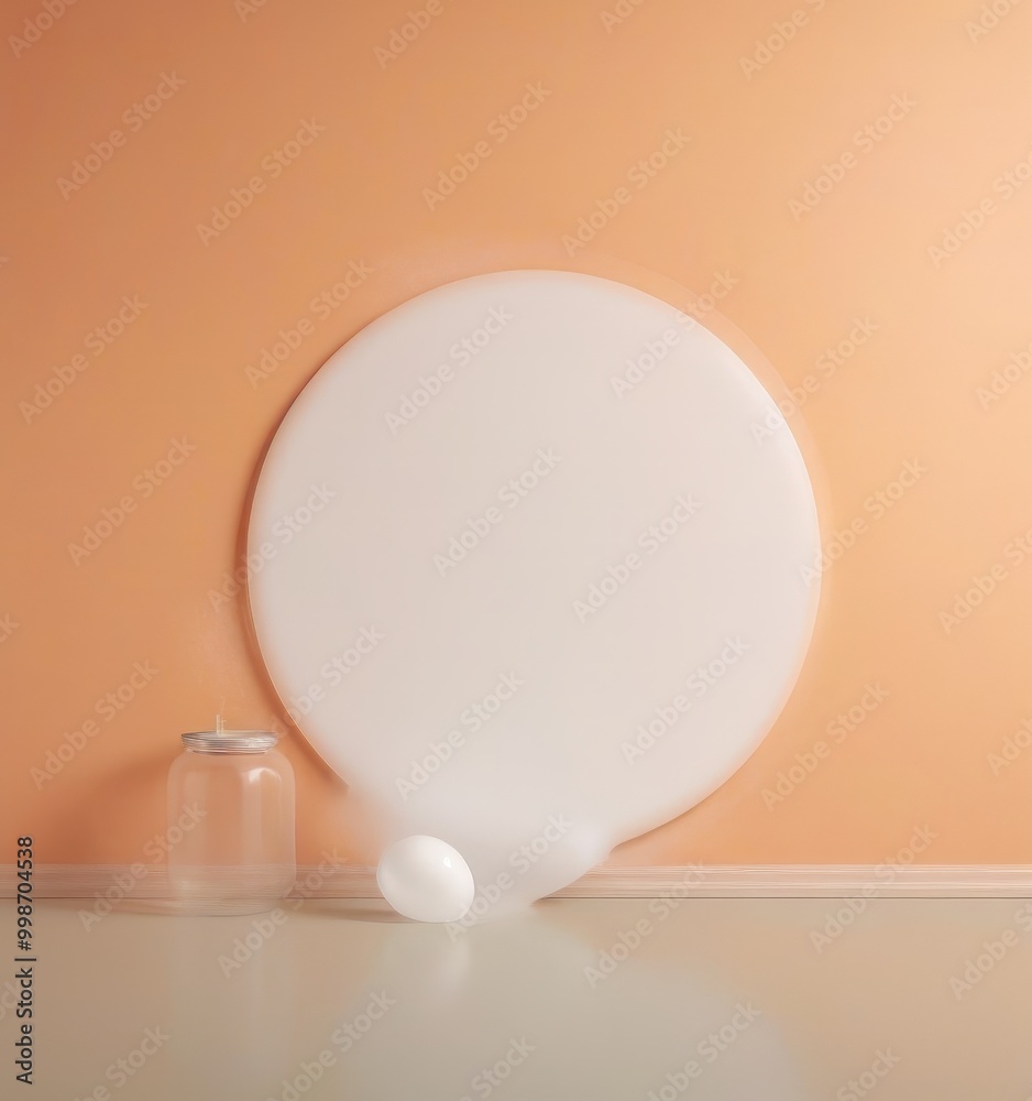 Aufkleber a white egg rests on a white surface, with a clear jar and a white circle with a black rim positione