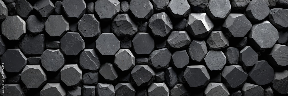 Aufkleber A close-up view textured surface composed of numerous dark gray, octagonal-shaped stones or blocks arranged in a grid-like pattern