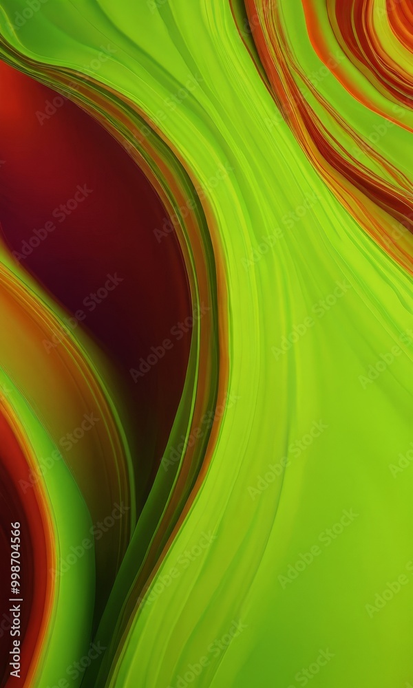 Poster a vibrant abstract composition of overlapping curved lines in various shades of green, red, and orange, creating a dynamic and visually striking pattern