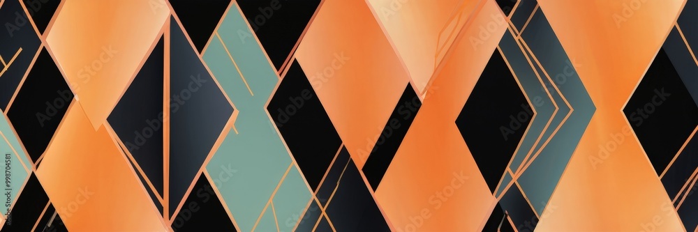 Poster a repeating pattern of geometric shapes in shades of orange, black, and green, creating a visually striking and abstract design