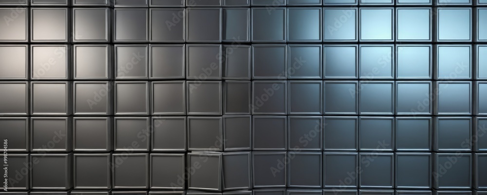 Poster a grid of square tiles in varying shades of gray, with some tiles appearing to be missing or broken, creating a sense of depth and texture