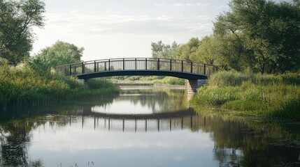 A modern pedestrian bridge, crossing a calm river in a nature reserve, with trees and wildlife in the distance