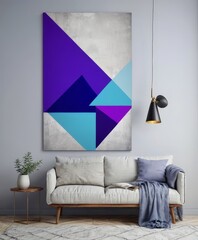 a modern living room with a large abstract painting featuring geometric shapes in shades of purple and blue hanging on the wall above a white sofa with a blue throw blanket