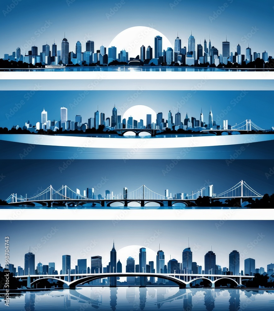 Aufkleber a series of three panels depicting the skyline large city, with bridges and skyscrapers in the foreg