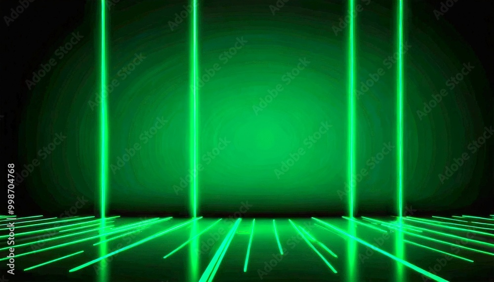 Poster a dark green background with three vertical green lines, creating a sense of depth and perspective The lines are arranged in a staggered pattern, with