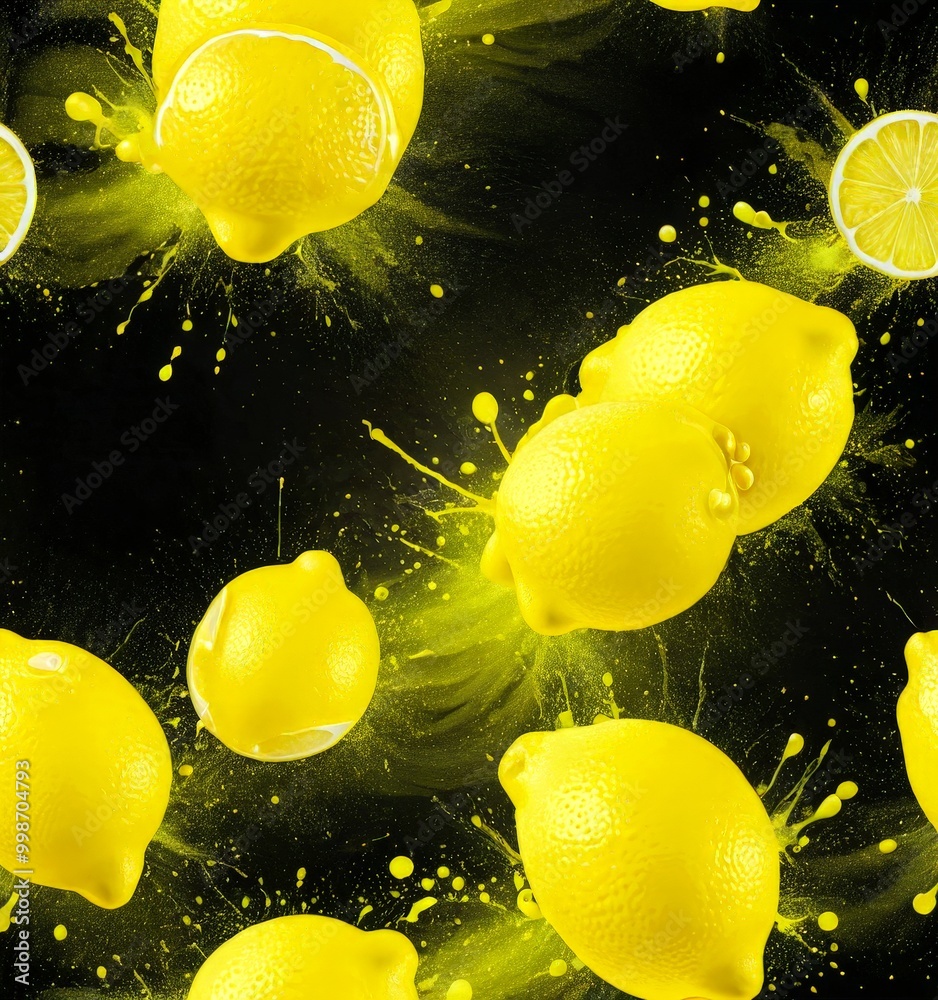 Poster a repeating pattern of bright yellow lemons against a black background, with splashes of yellow pain