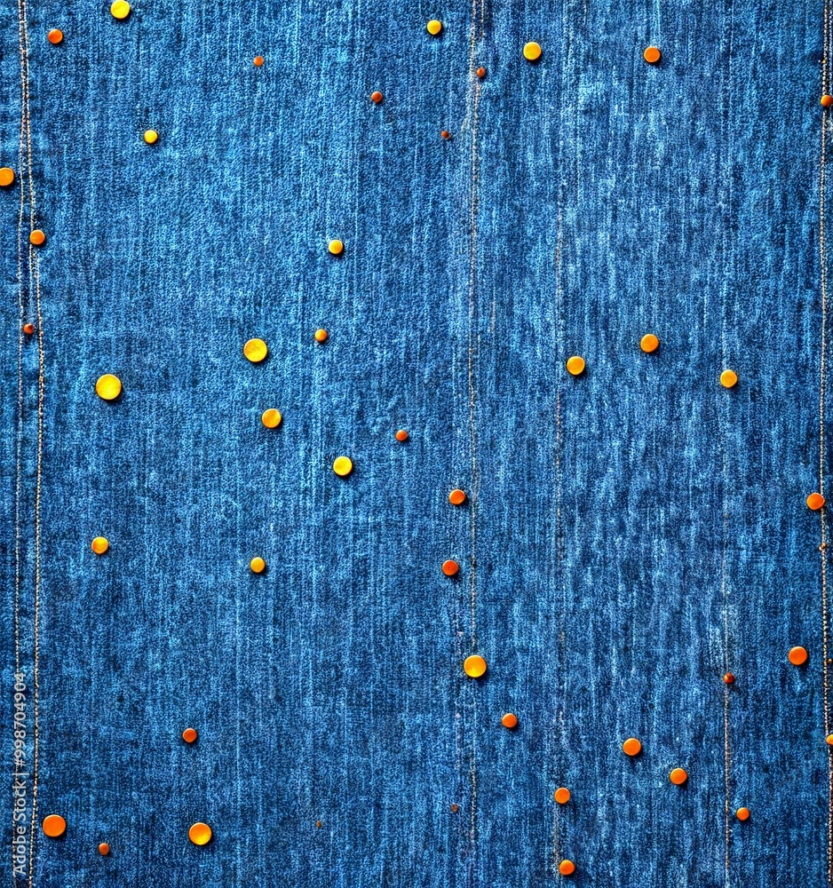 Poster a close-up view dark blue denim fabric with numerous small orange buttons scattered across the surfa