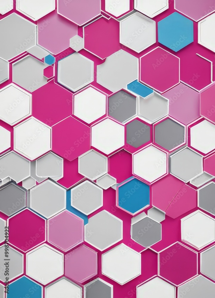Poster a repeating pattern of hexagonal shapes in various shades of pink, white, and blue, creating a visually striking and abstract design