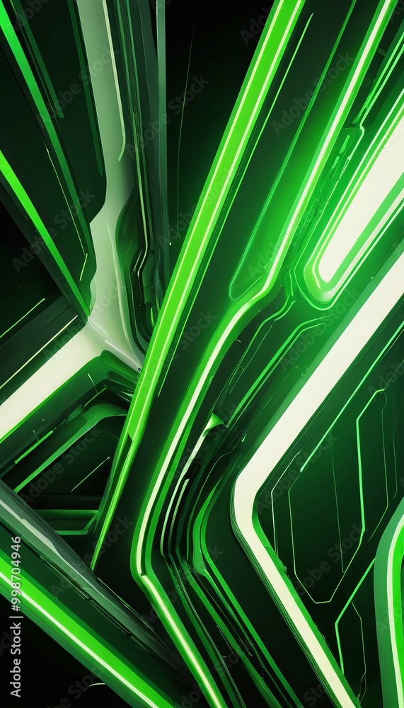 Poster a digital illustration featuring a complex network of intersecting green and white lines, creating a sense of depth and dimensionality