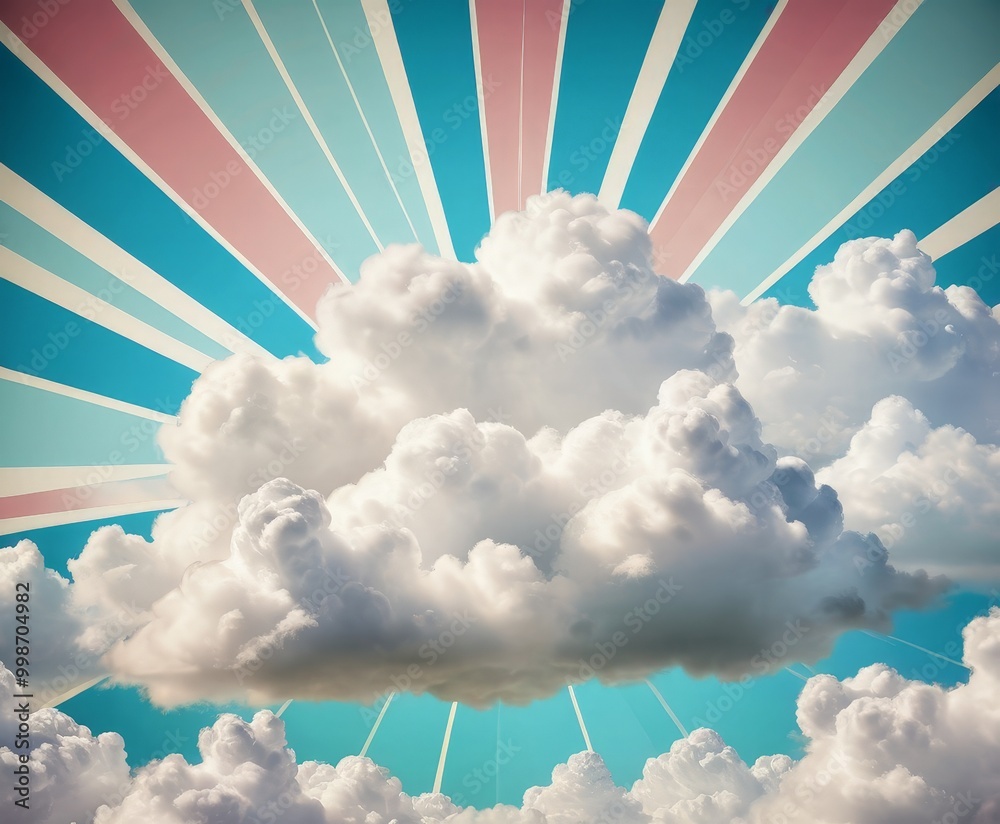 Poster A vibrant, sunburst-like pattern of pink, blue, and white rays radiates from the center of the image, creating a sense of depth and dimension. The clouds in the background