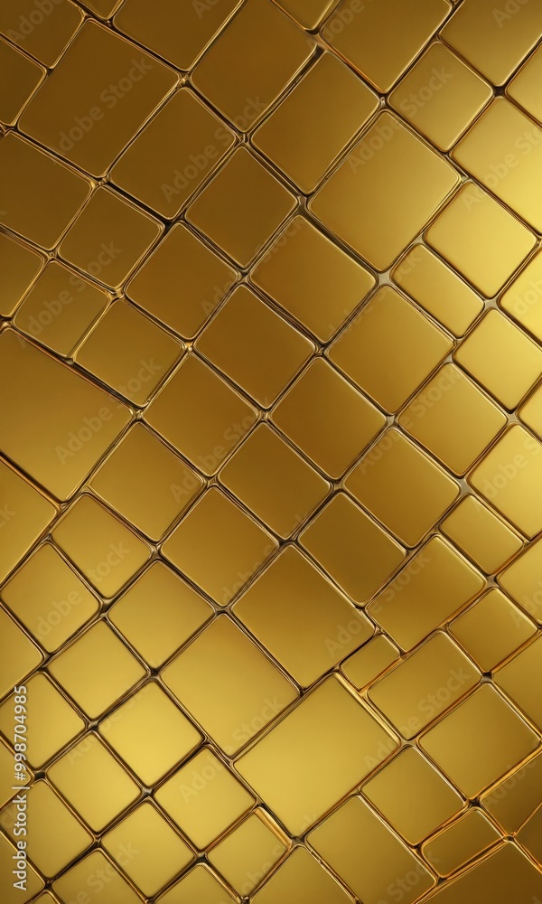 Poster a close-up view golden pattern composed of square tiles arranged in a diagonal grid The tiles have a reflective surface, creating a shimmering effect