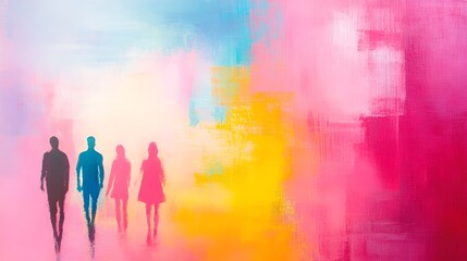 Silhouettes of four people walk through a vibrant, abstract background of pink, yellow, and blue hues, creating a dreamlike atmosphere.