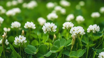 Fototapeta premium Fresh white clover flowers blooming in lush green meadow
