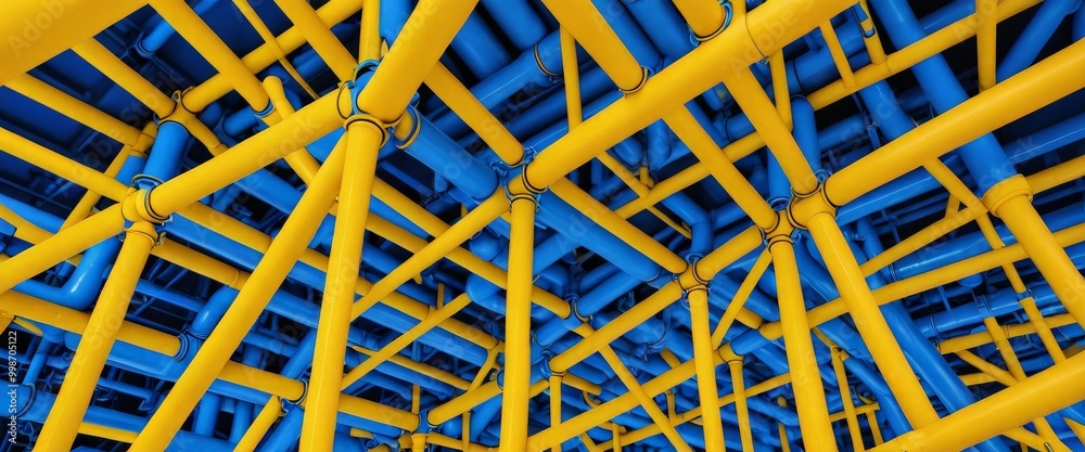 Aufkleber A complex network of yellow and blue pipes, arranged in a grid-like pattern, fills the frame, creating a visually striking and intricate design.
