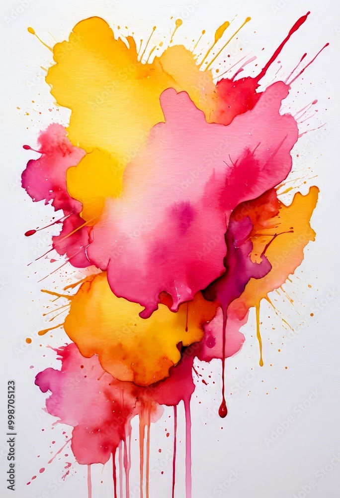 Poster an abstract painting featuring a vibrant splash of colors, including yellow, pink, and orange, with 